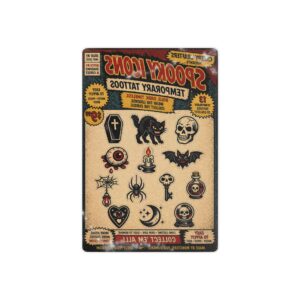 Spooky Icons Temporary Tattoos — Retro Halloween Skull, Cat, Bat & Potion Tattoo Sheet